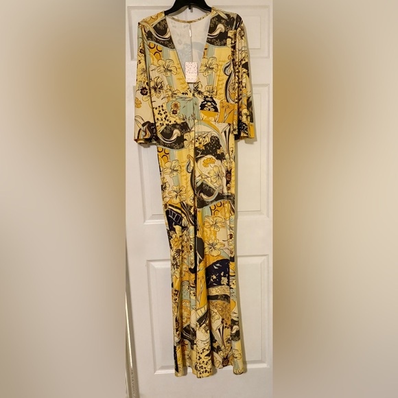Free People Night Fever Yellow Wide-Leg Jumpsuit NWT - Picture 2 of 10